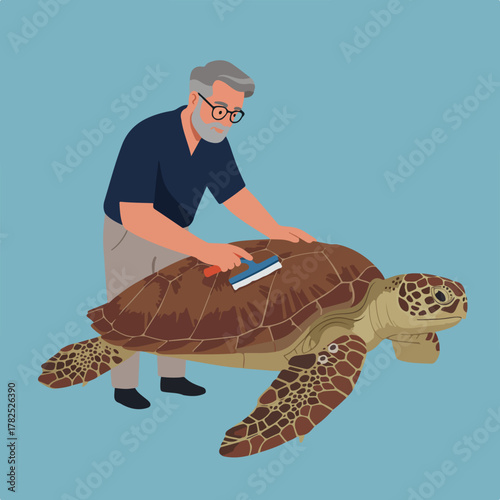 Vector illustration of a senior person wearing glasses cleaning the shell of a sea turtle with a blue scraper