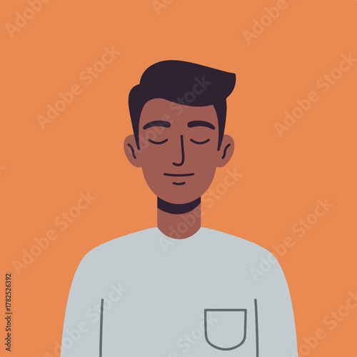 A flat-design illustration of a person with closed eyes, wearing a grey shirt against orange