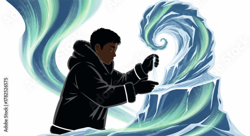 Scientist studies icy environment with aurora borealis swirling around