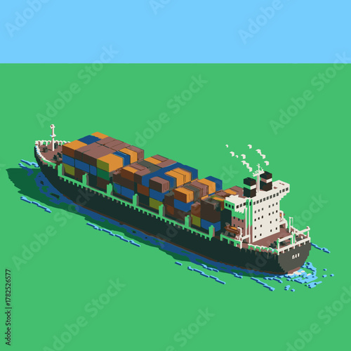 An isometric pixel art illustration of a large cargo container ship sailing on a calm green sea.
