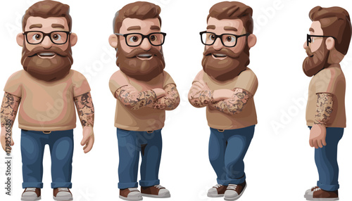 Bearded man character design, cartoon male with glasses, tattooed arms, casual outfit, front side back views, vector illustration for animation, modeling