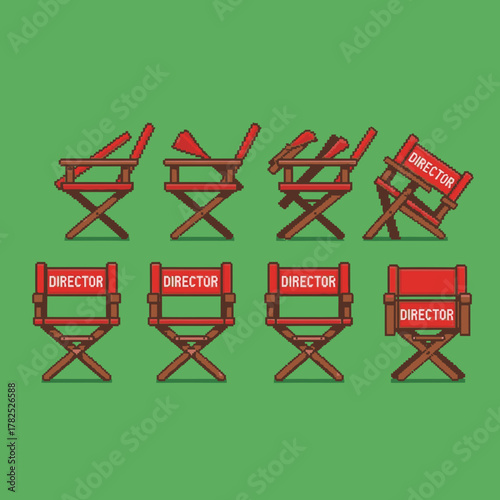 Pixel art animation sequence showing a red director's chair unfolding step by step against a green background.