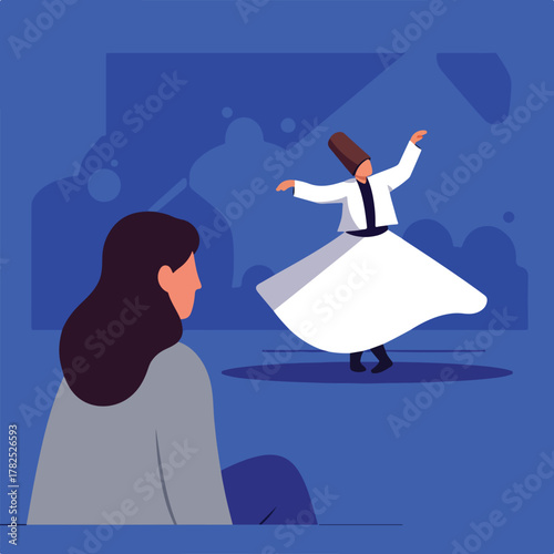 A woman observes a whirling dervish dancer against a blue backdrop, evoking spiritual themes
