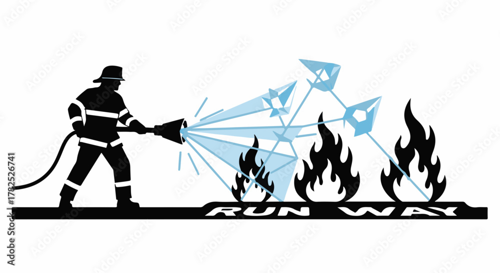 Obraz premium Firefighter bravely dousing digital flames on a runway, symbolizing data protection and cybersecurity.