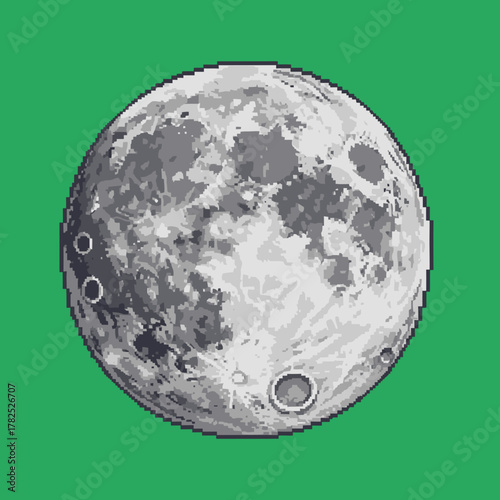 A pixel art illustration of a detailed grayscale full moon isolated on a solid green screen background.