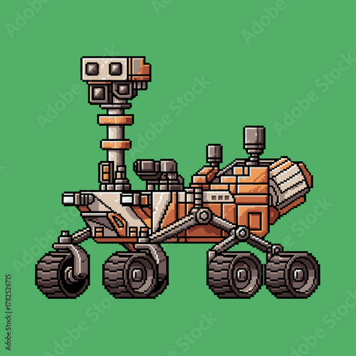 A detailed pixel art illustration of a robotic Mars exploration rover against a solid green background.