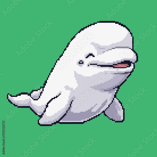 A cute pixel art illustration of a smiling white beluga whale swimming against a solid green background.