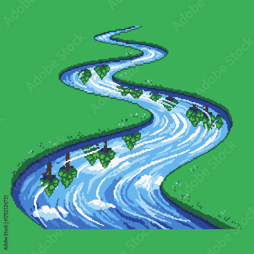 A pixel art illustration of a winding river flowing through a green landscape, with trees reflected on the water's surface.