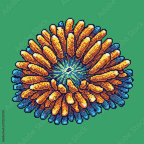 A pixel art illustration of a vibrant sea anemone with orange and blue tentacles on a green background.