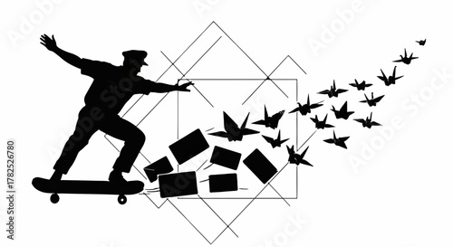 Person on skateboard releasing paper cranes and envelopes, symbolizing freedom and communication.