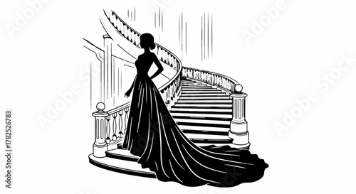 Elegant silhouette of a woman in a flowing gown descending a grand staircase