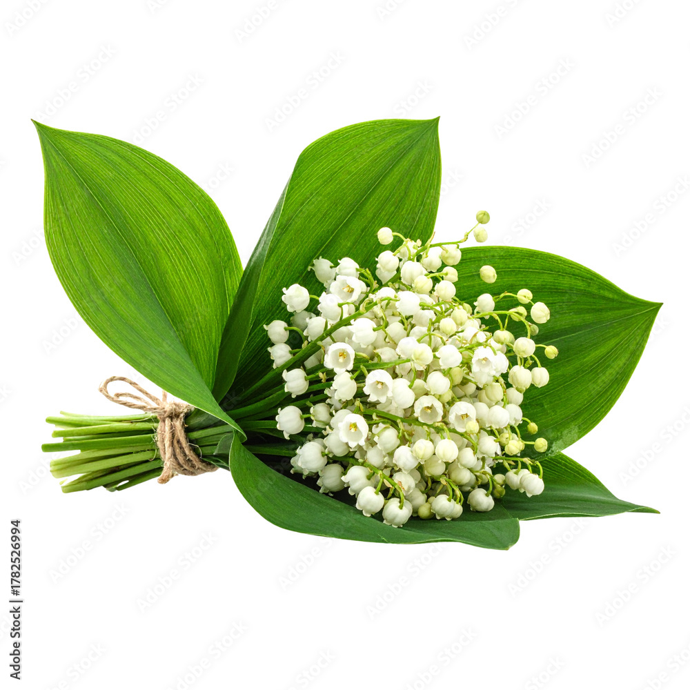 Obraz premium Freshly cut white lily of the valley bouquet with green leaves and jute twine, resting on a clean, transparent surface, 