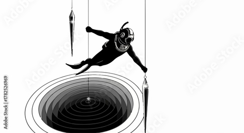 Futuristic explorer suspended in a surreal, geometric void with luminous orbs