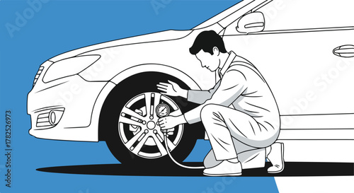 A person checking the tire pressure on a car