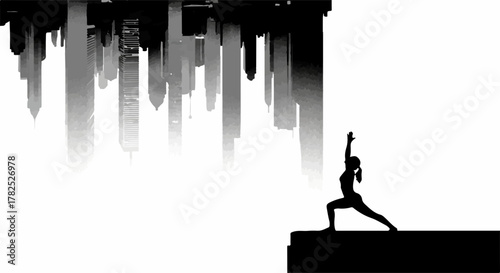 Silhouette of a woman practicing yoga on a ledge with a city skyline in the background