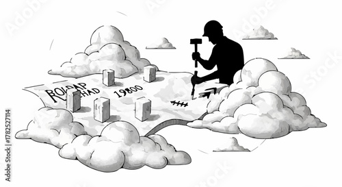 Visionary architect carving out future plans amongst the clouds, symbolizing innovation and dreams taking shape.