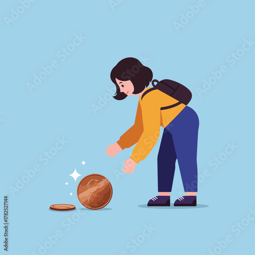 Illustration shows a person with a backpack reaching towards fallen coins on a light blue background