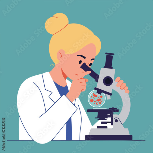 A lab technician with blonde hair looks into a microscope, studying a sample with red cells
