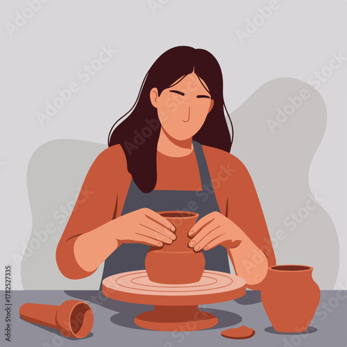 An illustration depicting a woman crafting pottery on a wheel, surrounded by tools and works-in-progress