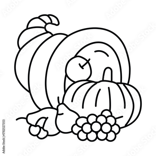 A cornucopia with a pumpkin grapes and other produce spilling out