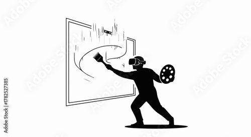 Person wearing VR headset interacts with digital world, creating art with virtual tools.