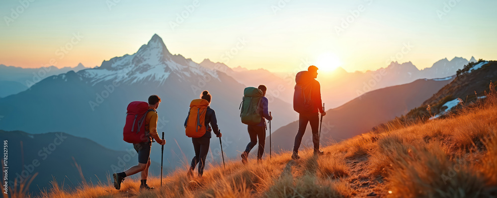 Obraz premium Friends hike in mountains with backpacks, poles at sunrise. Group of people trekking up hill on summer adventure. Young tourists enjoy active journey together towards snowy peak, enjoying scenic