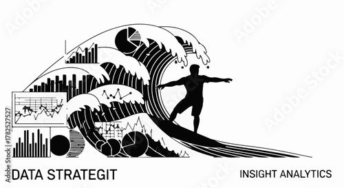 Surfer riding a wave of data charts and graphs, symbolizing navigating business insights