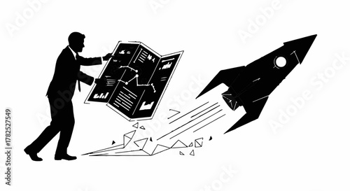 Businessman launching a rocket ship from a strategy chart, symbolizing growth and success.