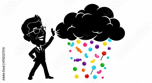 Man in suit happily catching colorful candies falling from a dark cloud