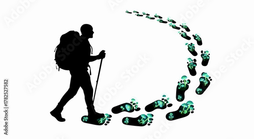 Adventurous hiker leaving a trail of earth footprints on a white background, symbolizing eco-friendly travel.