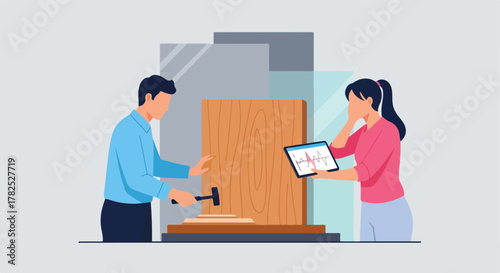 Woodworker and coworker at a manufacturing plant working on a wooden panel