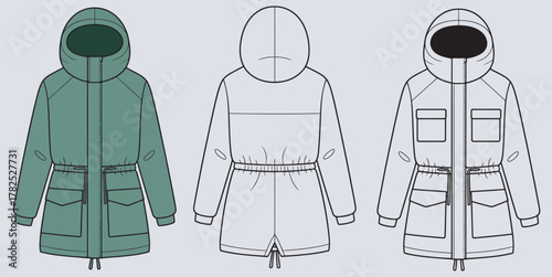 Comprehensive technical drawing set for an adjustable hooded parka coat design