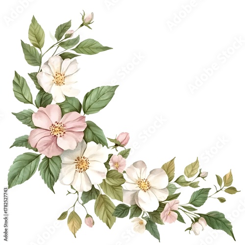 Watercolor illustration showcases a delicate floral arrangement composed of light pink and white blossoms with accompanying green foliage clustered in the corner of a white background.