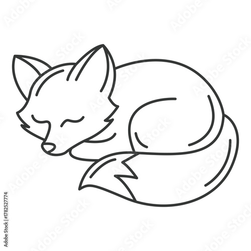 A curledup fox with closed eyes stylized as a monochrome line drawing