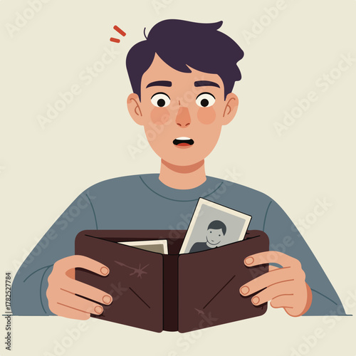 A startled person holding an open wallet, revealing photos. Expression of surprise on the face. Simple illustration