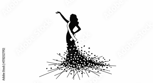 Elegant silhouette of a woman in a flowing gown with a sash, dissolving into scattered elements.