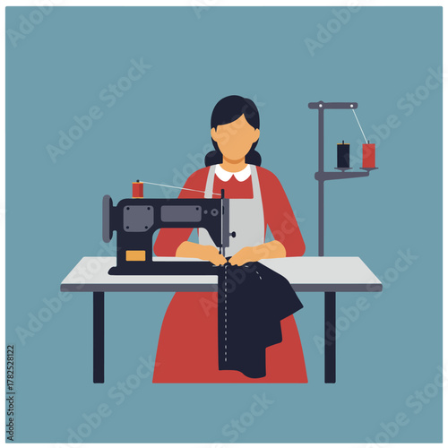 A woman sews at a sewing machine with a table, spool threads.  Simple geometric illustration