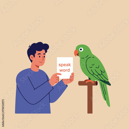 Cartoon illustration of a man teaching a green parrot to speak. He holds a card saying "speak word
