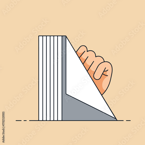 A hand peels a layer off a stack of papers, revealing an empty space. A line is drawn below