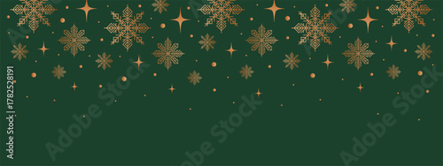 Christmas and New Year banner. Gold glitter snowflakes and stars on green background. Snowy winter design for holidays, greetings, sale, ads.