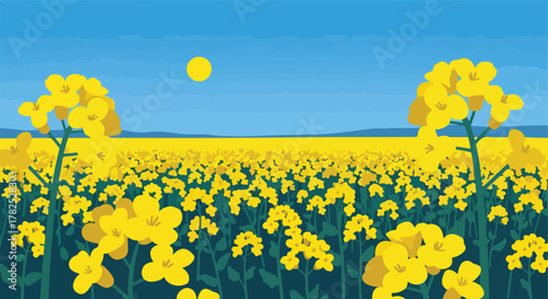 Simplified landscape of yellow flowers, blue sky, and sun