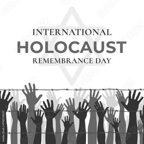 Powerful Holocaust remembrance vector with raised hands behind barbed wire and a subtle Star of David symbol, created for memorial projects, awareness campaigns, and educational designs.