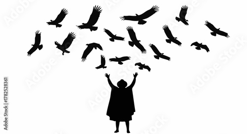 Person releasing a flock of birds into the sky, symbolizing freedom and hope.