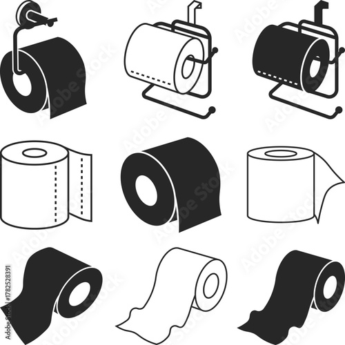 Collection of Toilet Paper Rolls and Holders Icons set Silhouette, Outline silhouette toilet paper dispenser Illustration