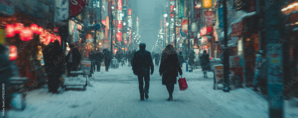 Obraz premium Couple walks through snowy city street with pedestrians hurrying by and colorful lights illuminating the winter scene