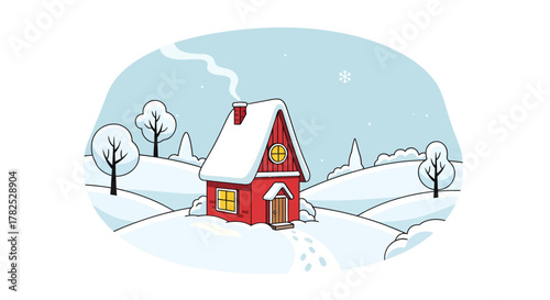 Charming winter scene illustration featuring a cozy red house nestled in snow landscape