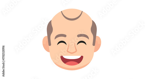 Cheerful bald character smiling widely representing happiness and carefree expression in vector