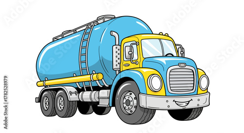 Cheerful cartoon water tanker truck illustration with a friendly smile graphic design