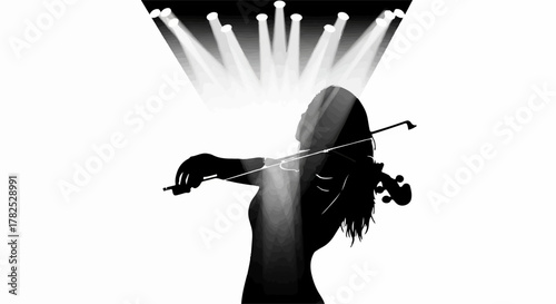 Silhouette of a woman playing violin under stage spotlights, showcasing musical performance