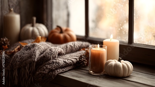 Warm glowing candles and decorative gourds rest on a wooden windowsill with a soft blanket during inclement weather.